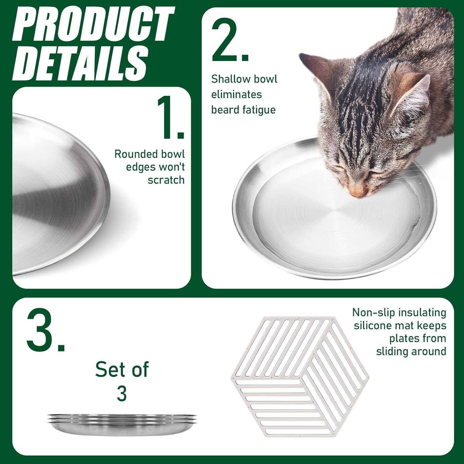3 Sets of Stainless Steel Cat Bowls Whisker Friendly with Non Slip Silicone Placemats, Shallow Kitten Food Bowl Cat Plates for Wet Food, Suitable for Cats Small Pets (Silver) image number 2