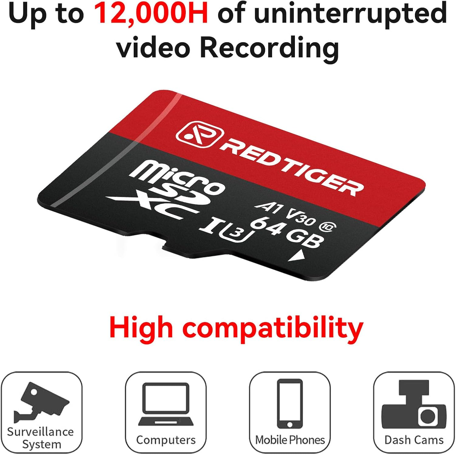 REDTIGER High Speed 64GB Micro SD Card with Adapter, Microsdxc UHS-I Class 10, U3, V30 A1, Support for Dash Cam and 4K Video Recording, Compatible Only with F7NP & F7N Touch image number 2