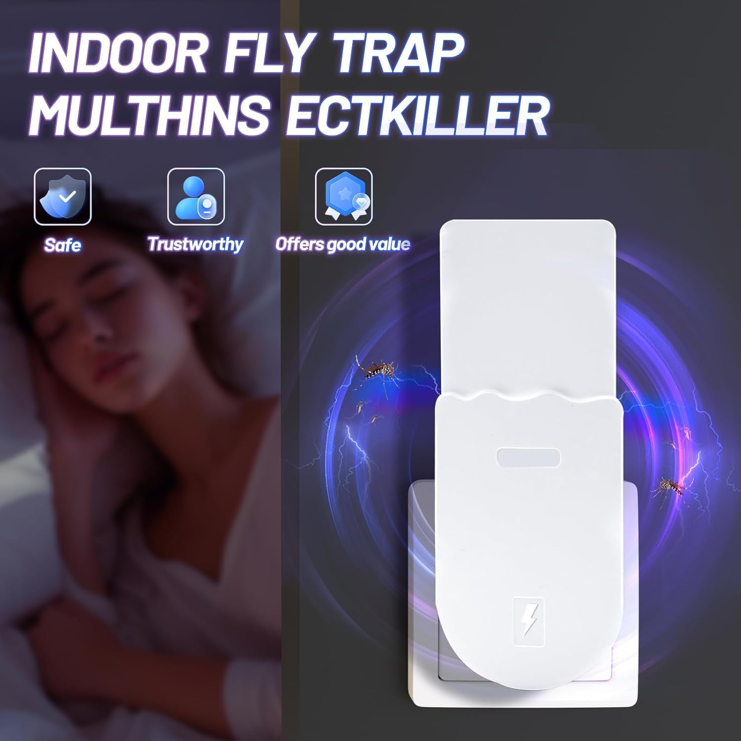 Jiaozoum Flying Insect Trap Plug-In Mosquito Killer Indoor, Gnat Moth Catcher Fly Tapper, Bug Zapper with Night Light UV Attractant Catcher for Home Office(2 Pack) image number 2