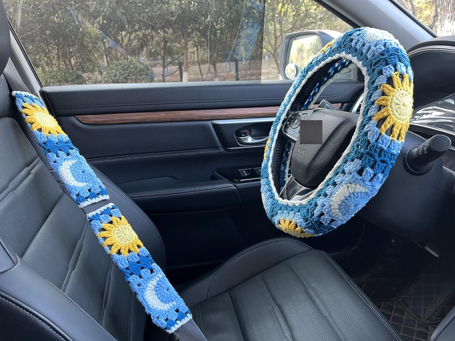 Handmade Crochet Sun and Moon Car Steering Wheel Covers Universal 14-15 Inch for Women and Men (Steering Wheel Cover)