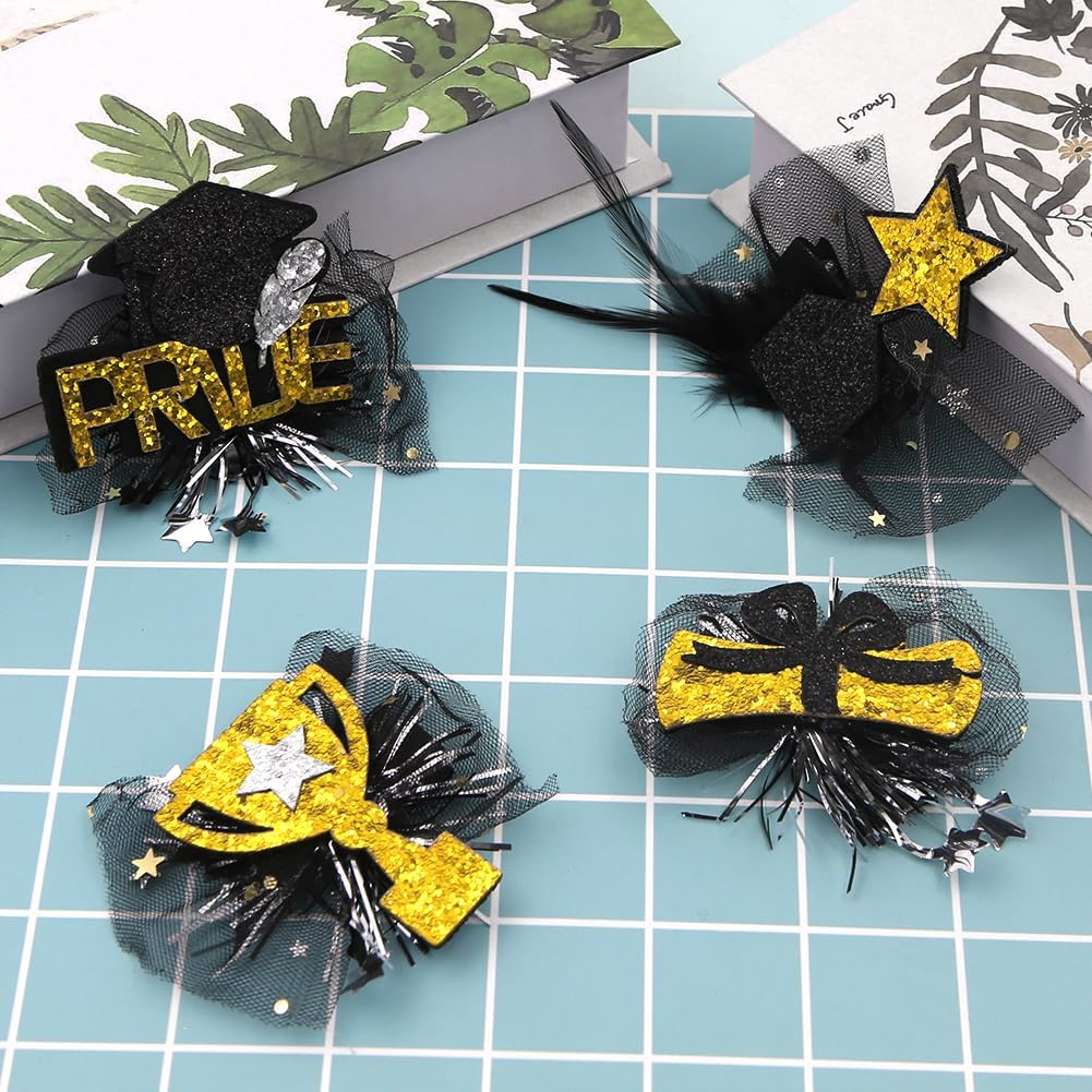 4 Pack Graduation Hair Clips Black with Gold and Silver Hair Accessories Graduation Cap Star Glitter Sequins Hair Clip Crocodile Clip for 2024 Graduation Party Decoration image number 3
