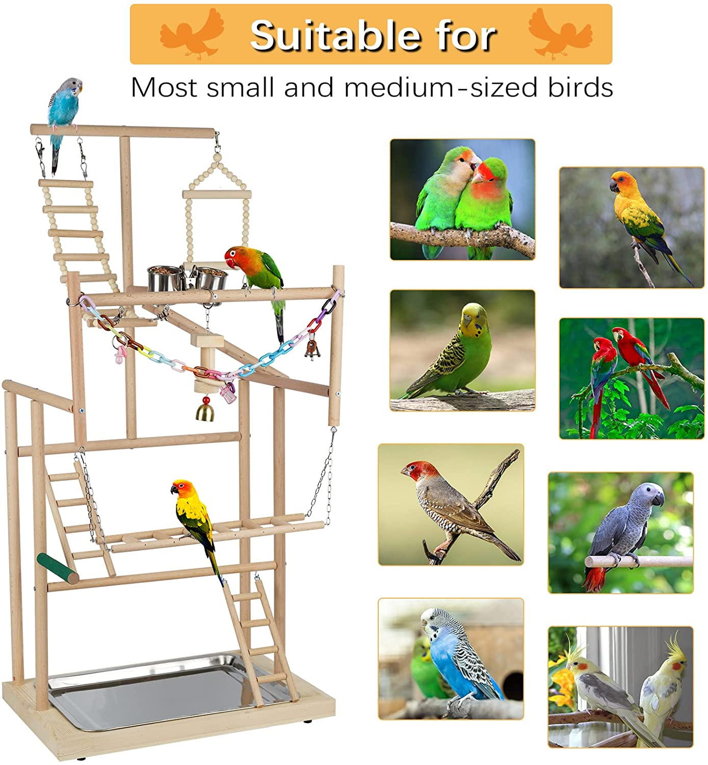 Ibnotuiy Pet Parrot Playstand Parrots Bird Playground Bird Play Stand Wood Perch Gym Playpen Ladder with Feeder Cups Bells for Cockatiel Parakeet (4 Layers)