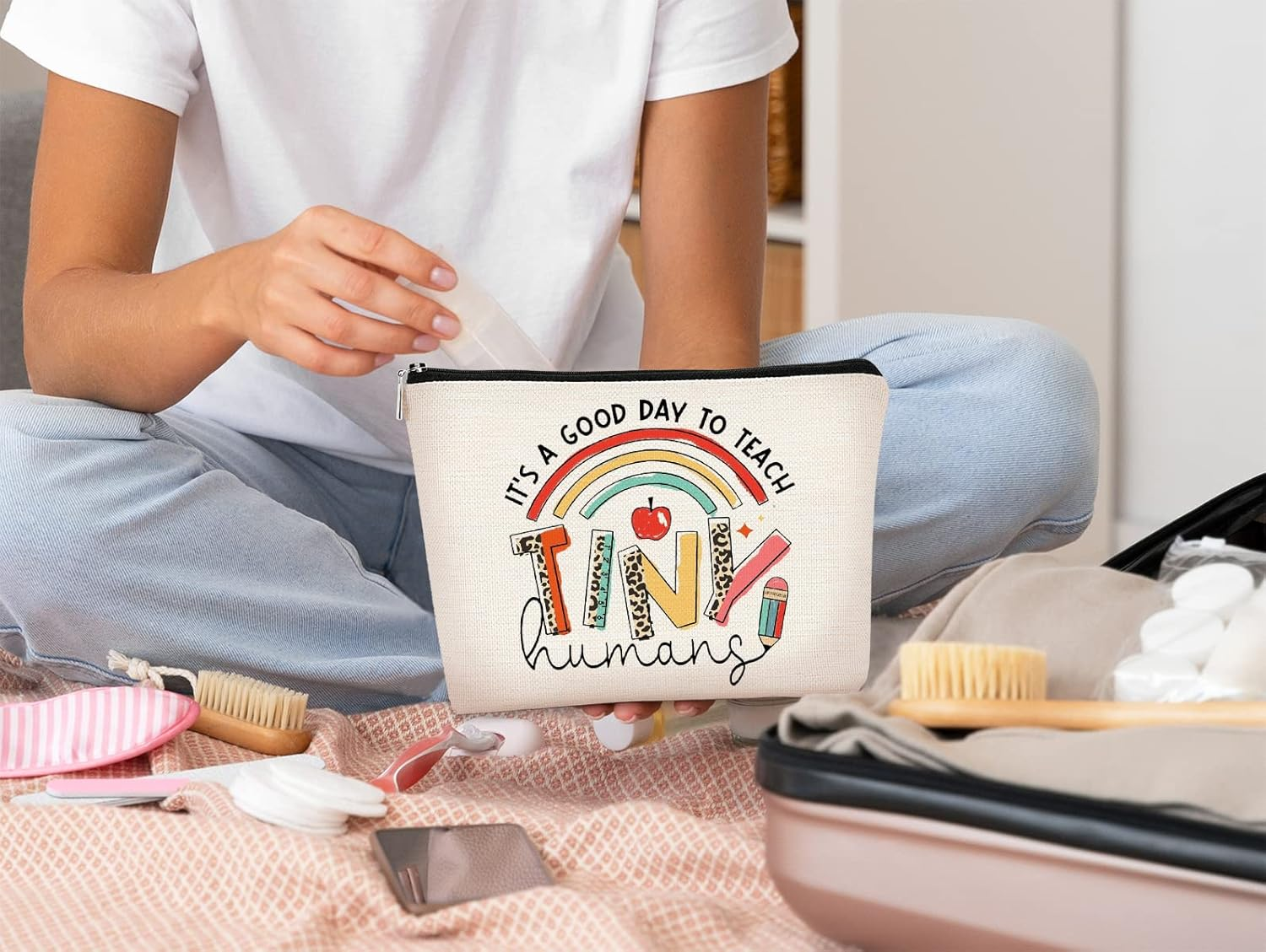 BARPERY Teacher Gifts Makeup Bag, Must Haves Boho Sunshine Teacher Survival Kit Bag Cosmetic Bag,Birthday Gifts for Kindergarten Teacher, Teacher Graduation Gifts, Teacher B - Beige image number 4