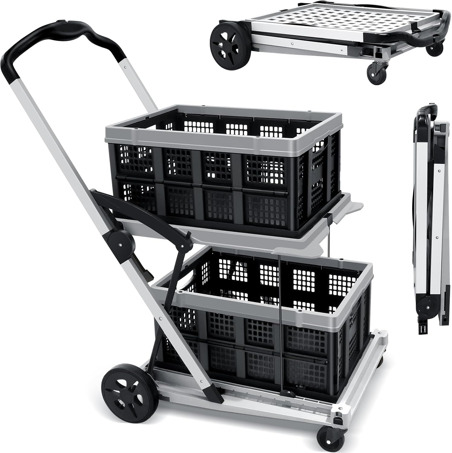 SNSUTY Folding Shopping Cart, 30 19 44 In, 200 Lbs Multi Functional Collapsible Carts with 2 Storage Crates, Folding Trolley with Wheels, Double Layer Portable Trolley for Supermarket, Office（Gray） image number 5