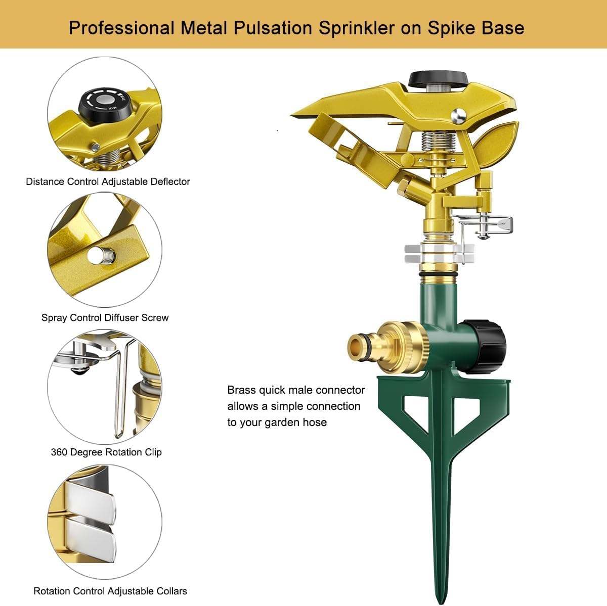 FANHAO Heavy Duty Pulsating Lawn Sprinkler on Spike Base, 100% Metal Impact Sprinkler with Adjustable Spray Pattern for Lawn Yard Irrigation, 360 Degree Large Area Coverage, Covers up to 5800 Sq. Ft image number 3