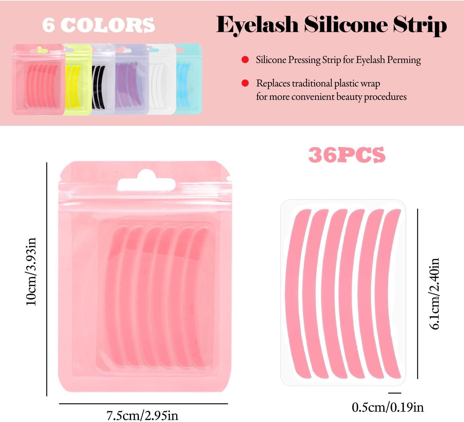 WALWAL 36 Pcs Curved Silicone Lash Lift Ribbon, Reusable Eyelash Curler Pad Strip Eyelash Curling Aid(6 Colors) image number 3