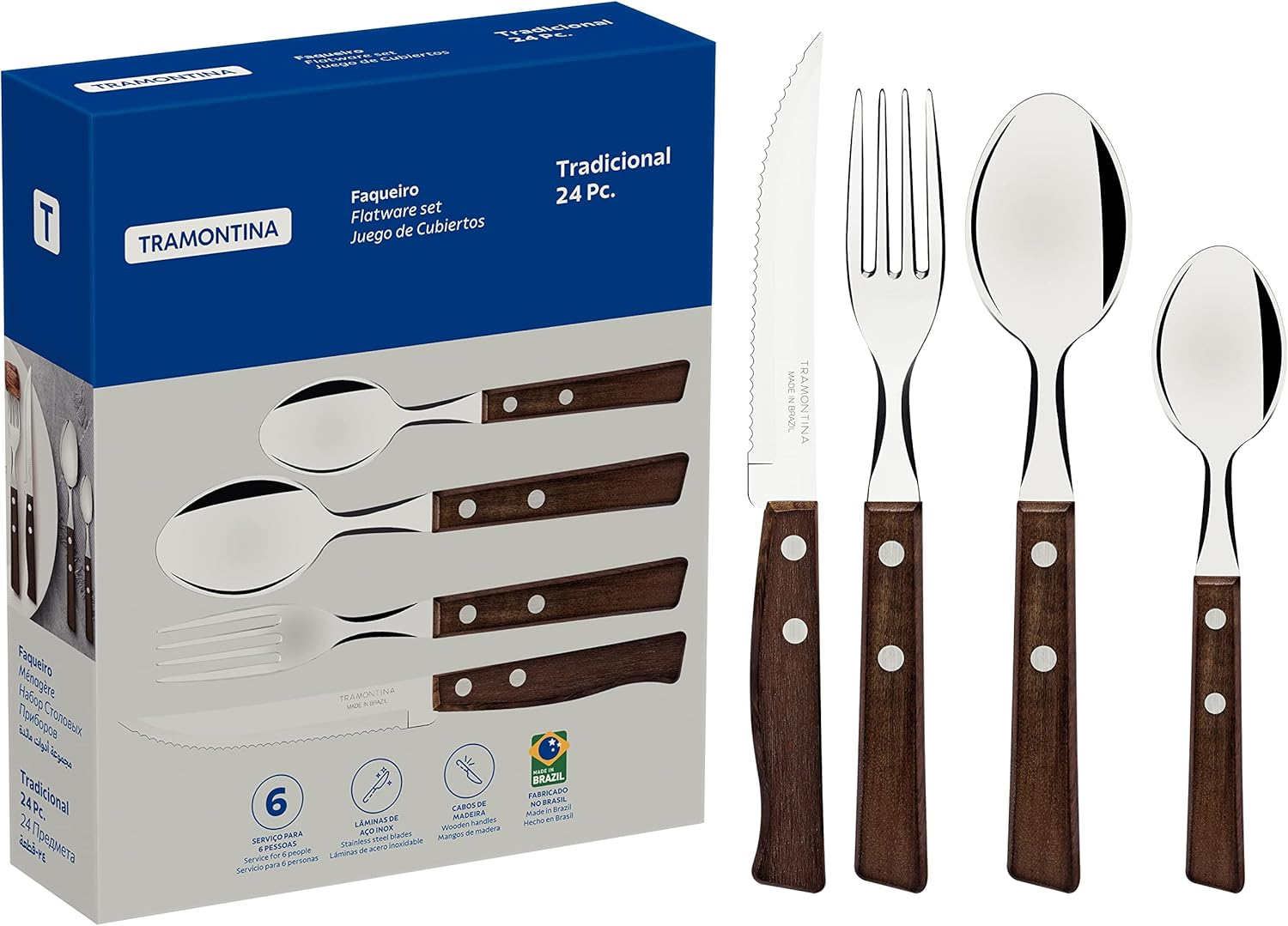 Tramontina Tradicional Stainless Steel 24-Pieces Flatware Set with Wood Handles image number 2