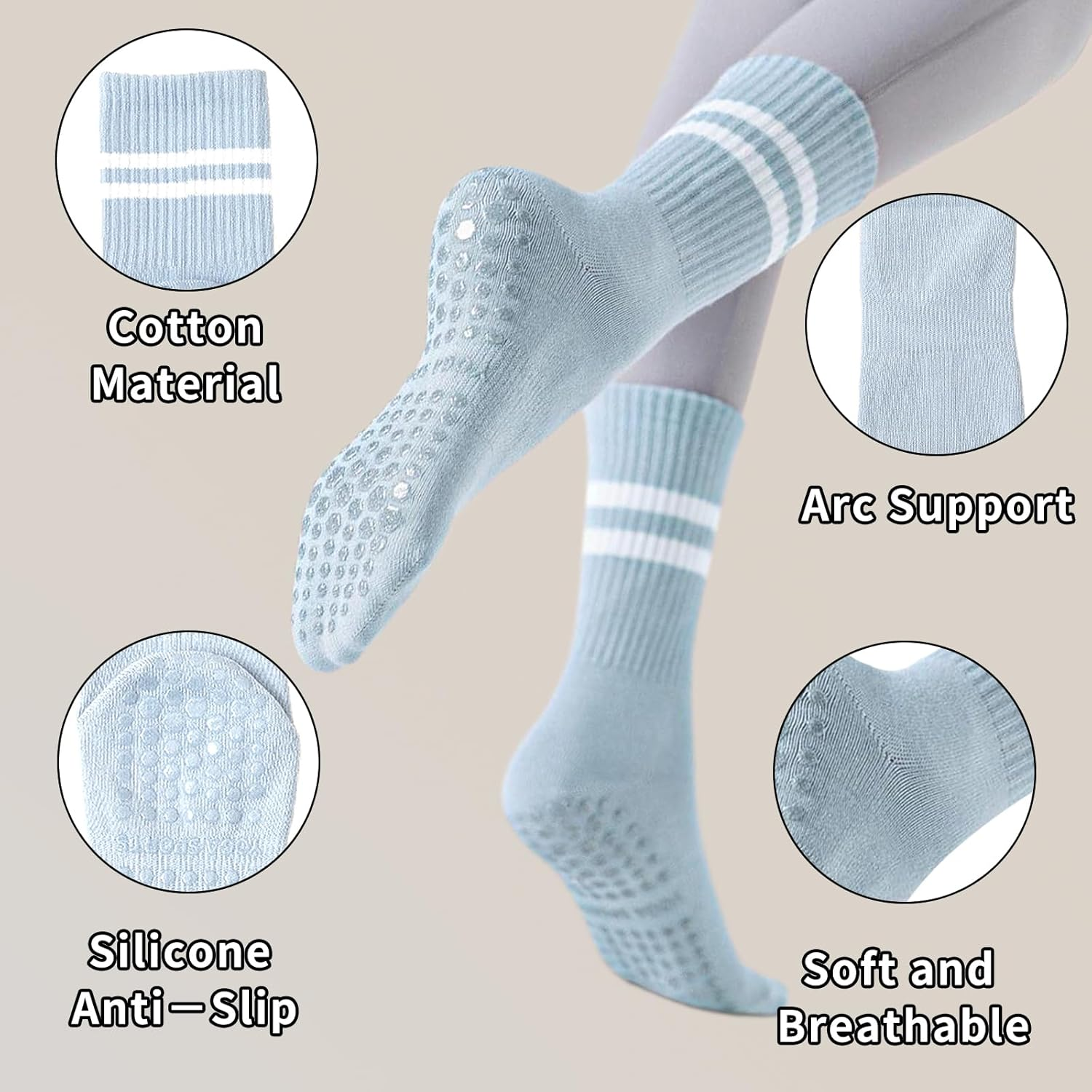Pilates Socks, 4 Pairs Pilates Yoga Socks with Grips for Women, Anti-Slip Yoga Pilates Sock for Hospital, Dance, Barre, Barefoot image number 4