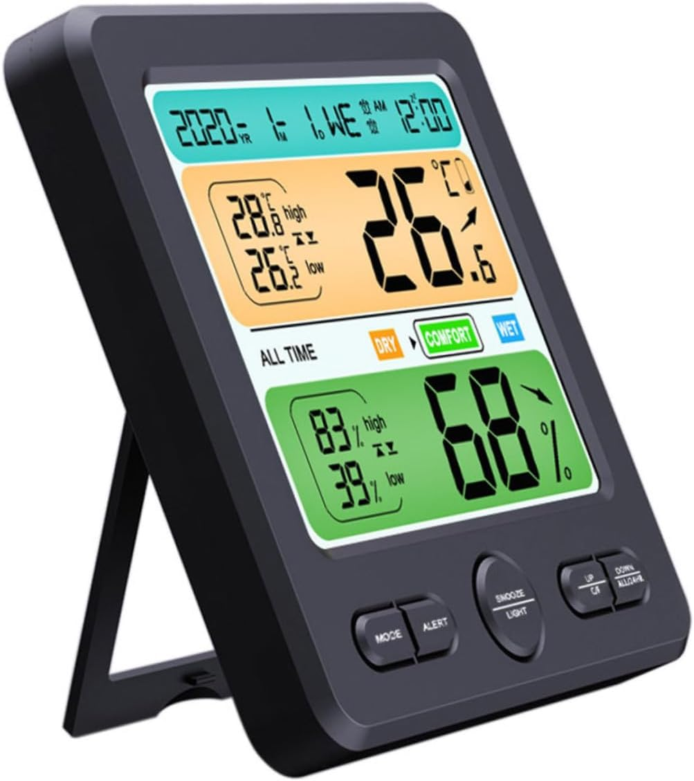 YARNOW Indoor High-Precision Digital Thermometer Hygrometer Clock Wall Mount and Desktop Electronic Alarm Clock Large Screen Temperature Humidity Monitor -6211-B (No Battery) image number 3