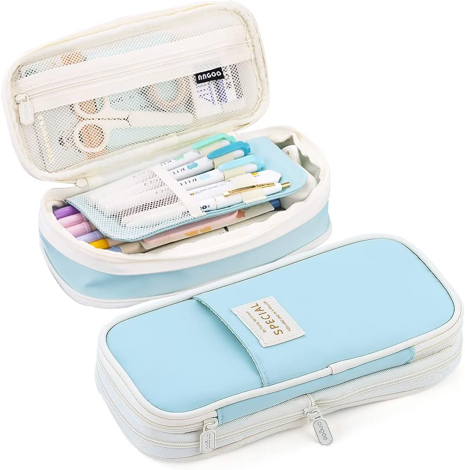 MAMUNU Expandable Pencil Case with Compartments, Large Capacity Pencil Cases Pencil Bag Pouch Office School, Portable Pencil Case Large School Stationery Organizer, Makeup Cosmetic Bag, Blue