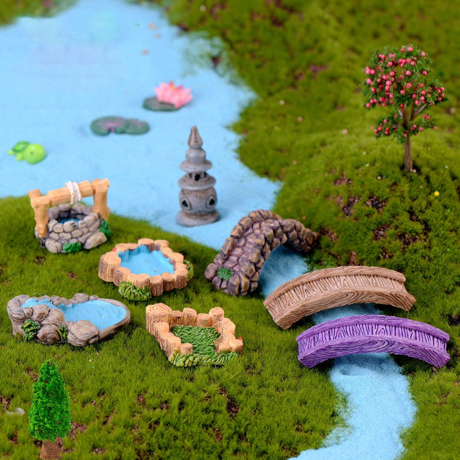 Miniature Fairy Garden Ornaments Set - Mini Garden Bridge, Lighthouse, Water Well, Pond Figurines for DIY Craft Garden Decoration image number 3