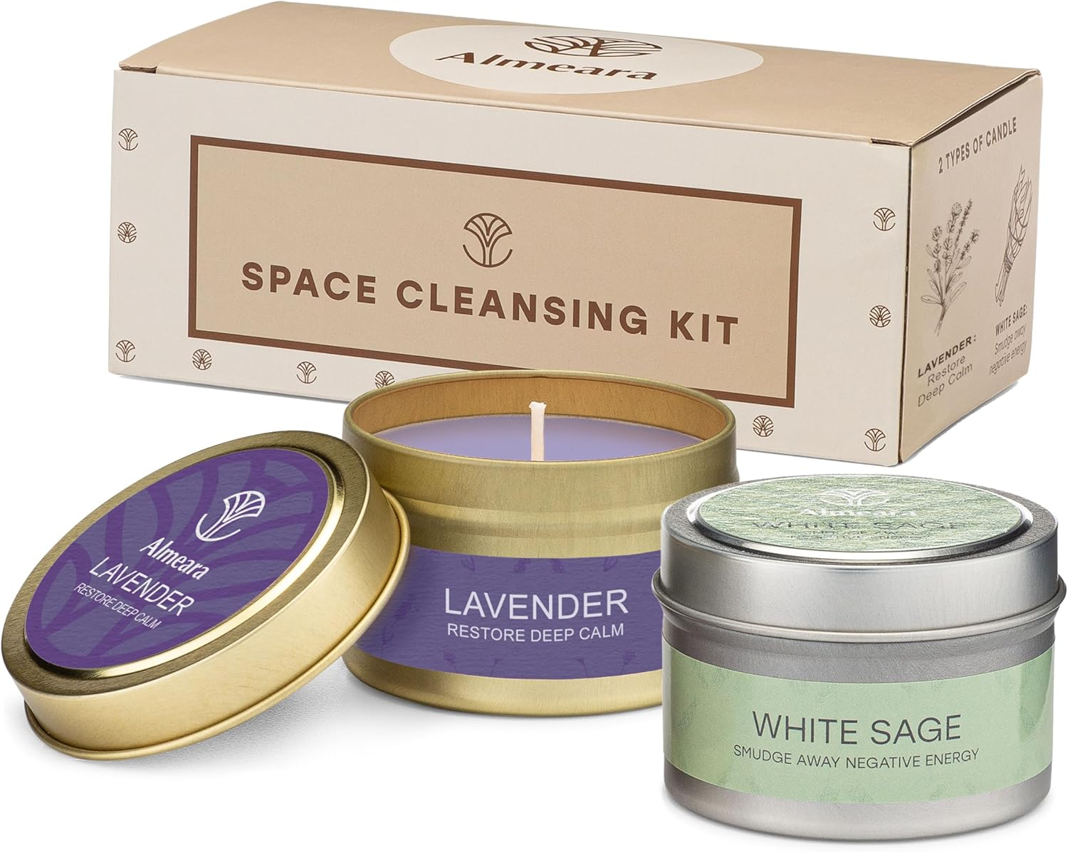 Almeara Space Cleansing Kit Sage Candle and Palo Santo Candle Set 3.7Oz Each - 100% Soy Wax Candles with Concentrated Essential Oil - Cleanse Negative Energy - Restore Positive Vibrations image number 1