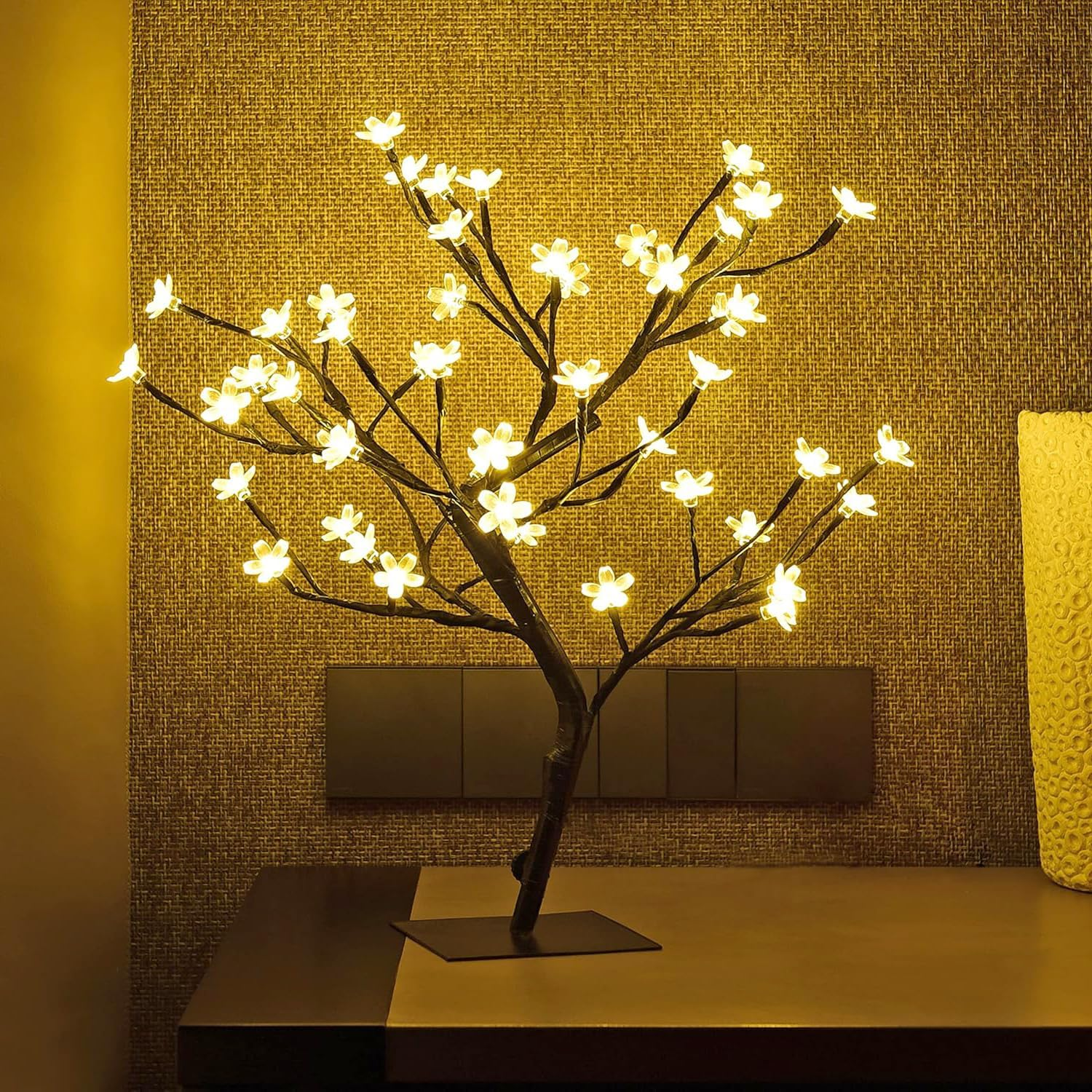 JIUSEGE 17 Inch Cherry Blossom Bonsai Tree with 48 LED Lights &ndash; Metal Base, Warm White Lights &ndash; Ideal Night Light, Bedside Table Lamp, Fairy Lights for Kids Room, Holiday & Christmas Decor image number 5