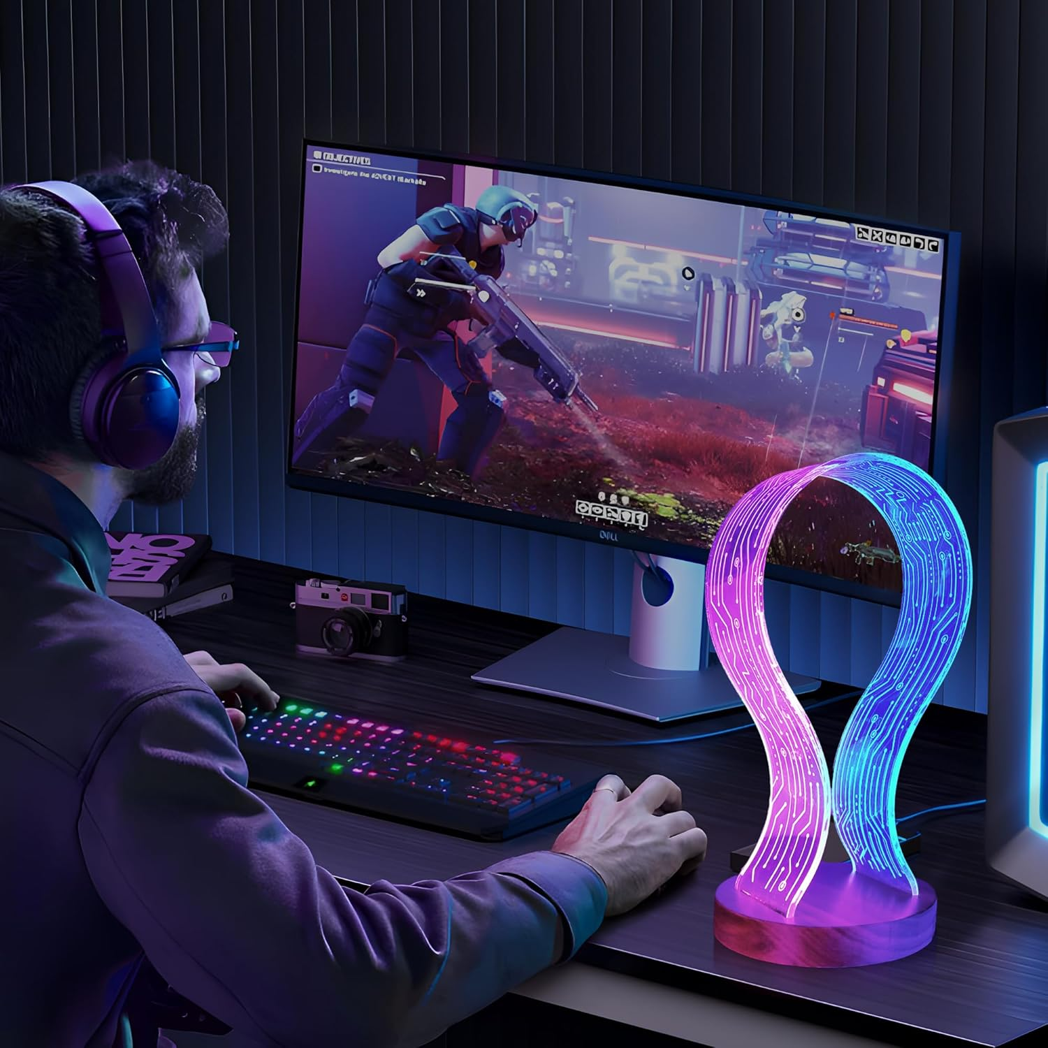 Coolgift Mart Gifts for Gamers and Music Lovers, Light up Headphone Stand, Walnut Wood Headset Holder with Blue Pink LED Night Light, Ideal Desk Accessory image number 3