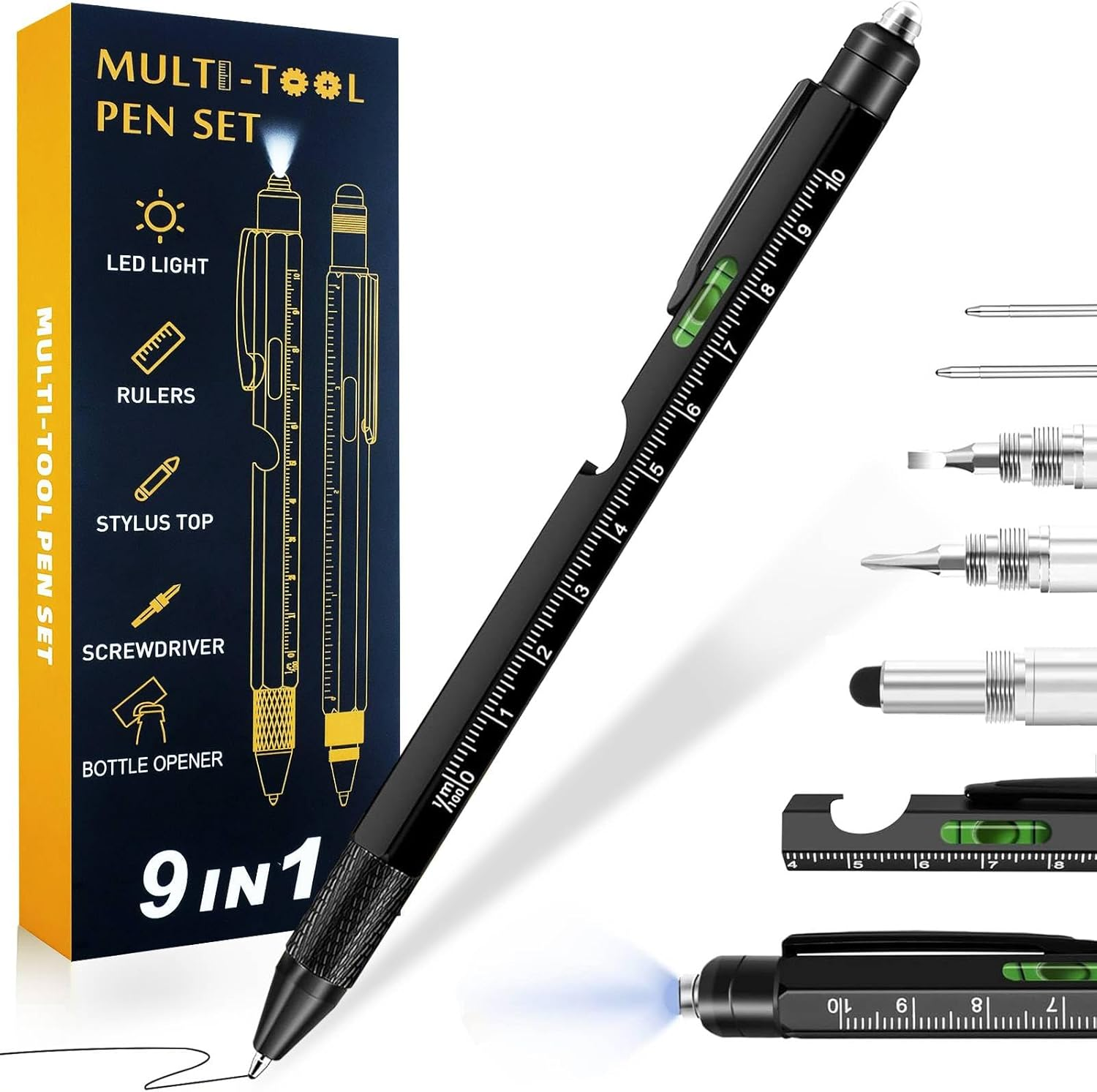 2Pcs Gifts for Men, 9 in 1 Multitool Pen Set - Cool Gadgets for Fathers, Husband, Boyfriend, Grandpa on Christmas Birthday Gifts, Multi Tool Ballpoint Pen Stocking Stuffers for Him Teens (Black-Black)