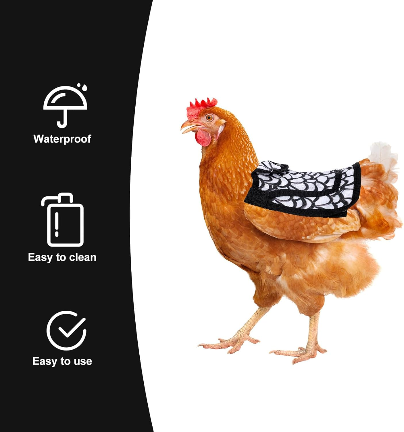 Chicken Saddle for Hens, 7.48 Inch Comfortable Hen Aprons with Adjustable Strap Chicken Back & Side Protector Outdoor Poultry Protective Accessories (Black and White) image number 5
