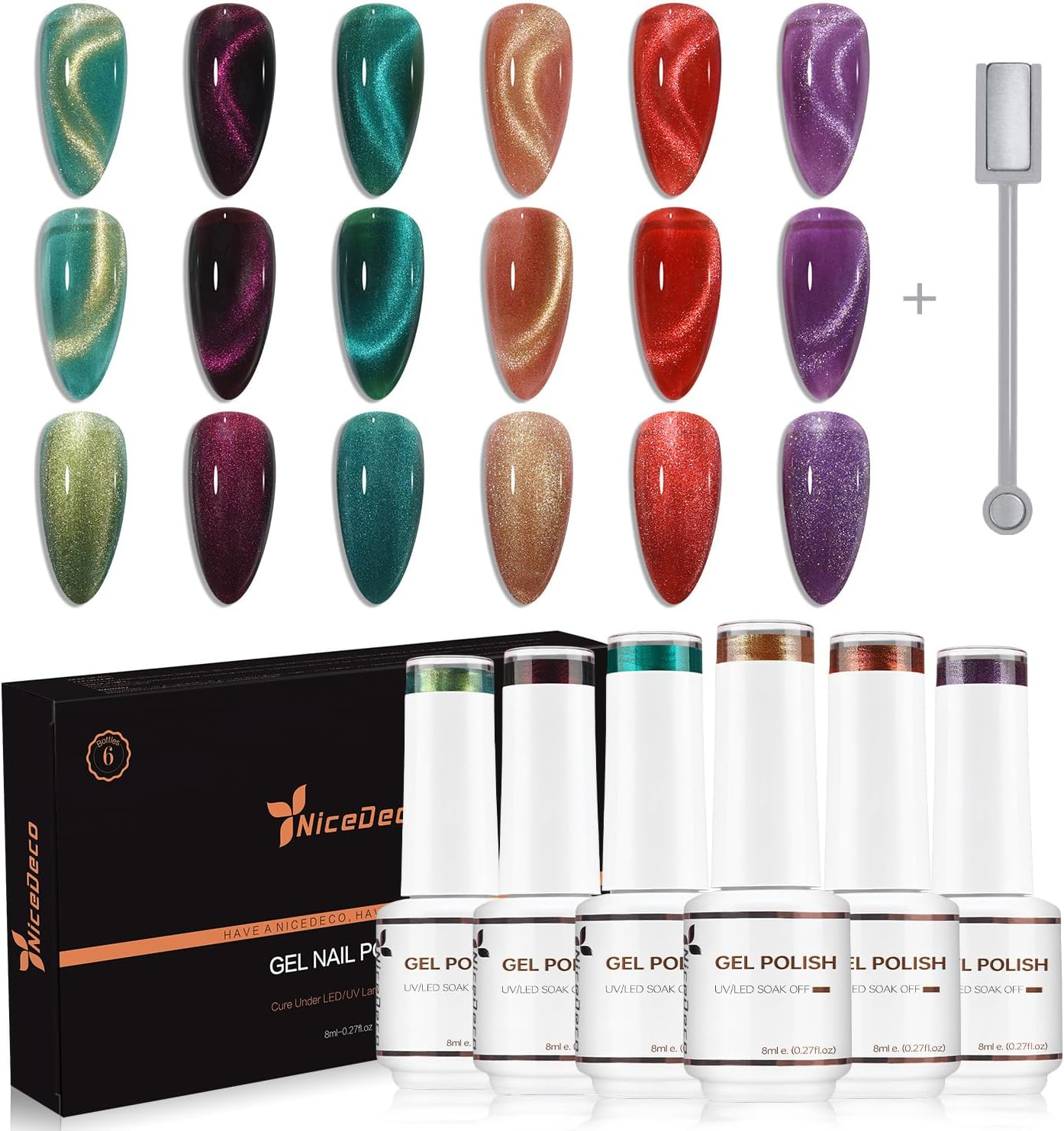 Nicedeco Hema Free Cruelty Free Vegan Cat Eye Gel Nail Polish, High Gloss Long Lasting Soak off LED U V Gel Polish 6 Colors Set 43