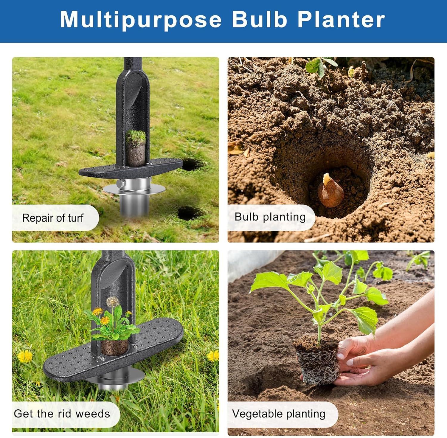 Grass Plugger Tool with Adjustable Digging Depth from 3 to 6 Inch Bulb Planter with Long Handle Plug Cutter Bulb Transplanter Tool for Plants Digging Holes, Repair of Turf, Transplant Seedling image number 3