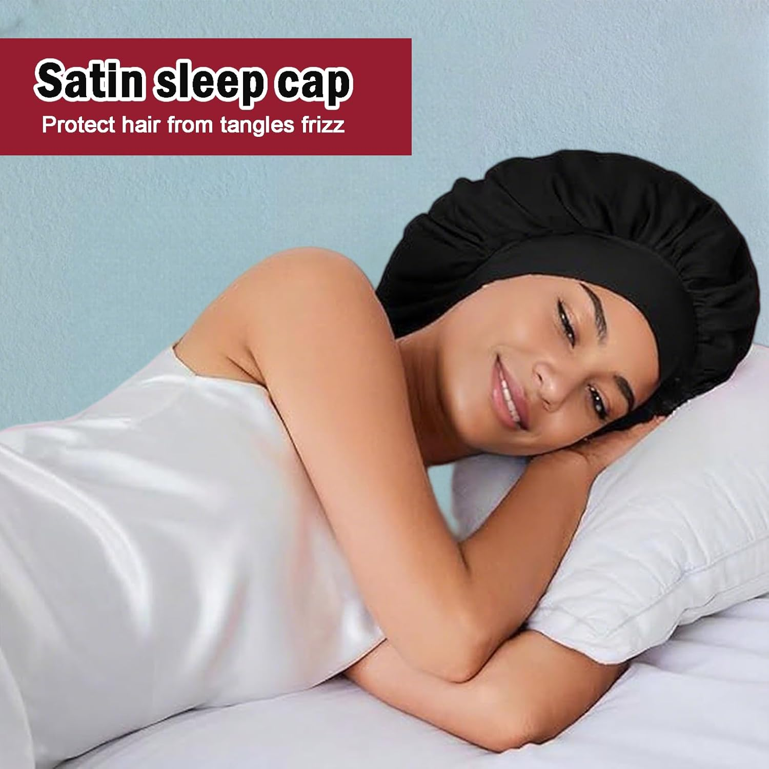 Silk Hair Bonnet, Silk Hair Bonnet for Sleeping, Double Moisture Curly Anti-Frizzy, Large Night Sleep Shower Cap, Adjustable Tie Band Shower Cap for Women image number 6