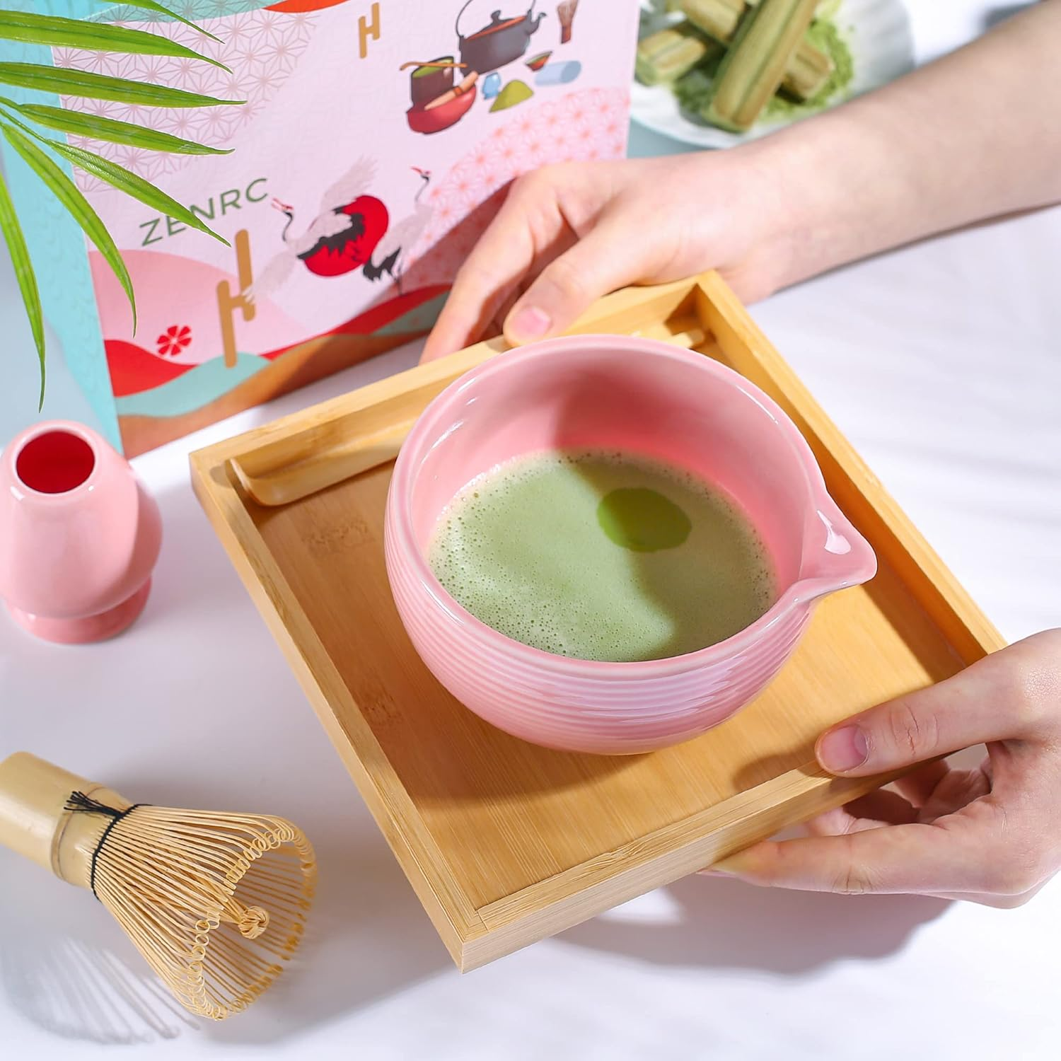 Traditional Matcha Bowl with Pouring Spout & Whisk Holder (Reshaper) - Handmade Japanese Style Matcha Chasen Ritual Kit- 22Oz Big Salad Porridge Juice Bowl Chawan (Baby Pink) (ZRC23-SP) - Baby Pink image number 4