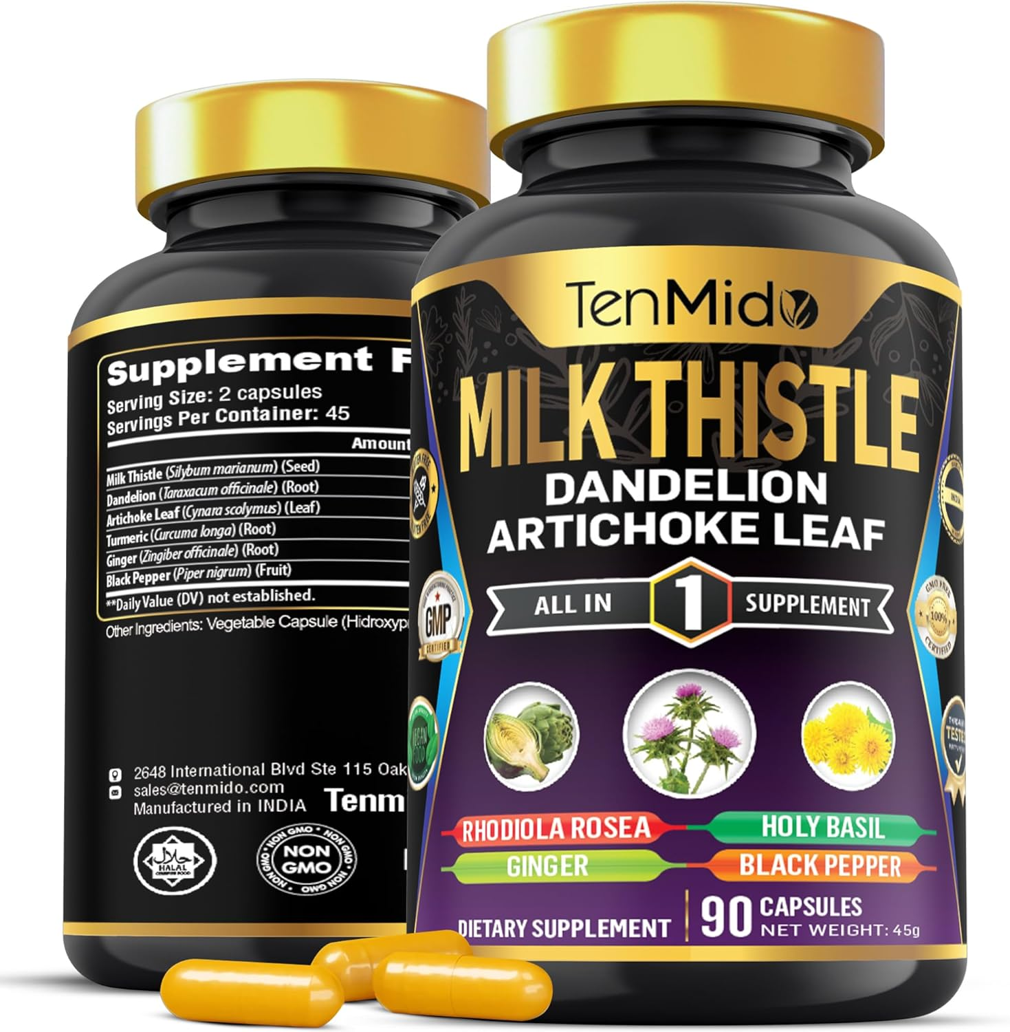 Tenmido Milk Thistle Supplements - 6In1 with Dandelion, Artichoke Leaf, Turmeric, Ginger & Black Pepper - 90 Vegan & Non-Gmo Capsules image number 5