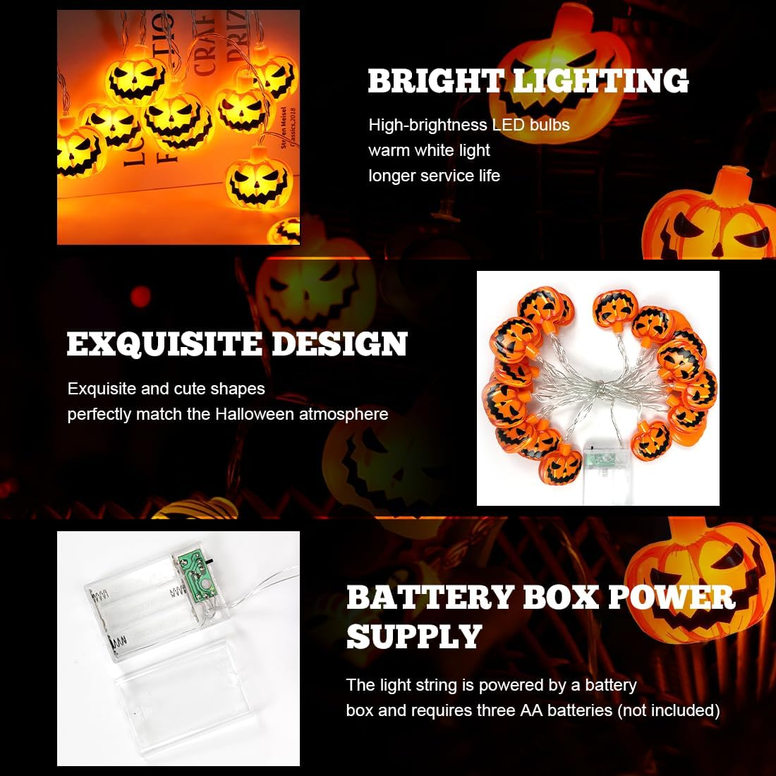 Meleager Halloween Fairy Lights, 3 M, 20 LED Fairy Lights with Pumpkin Decoration, Battery Operated Fairy Lights for Halloween, Indoor, Outdoor, Party Decoration image number 4