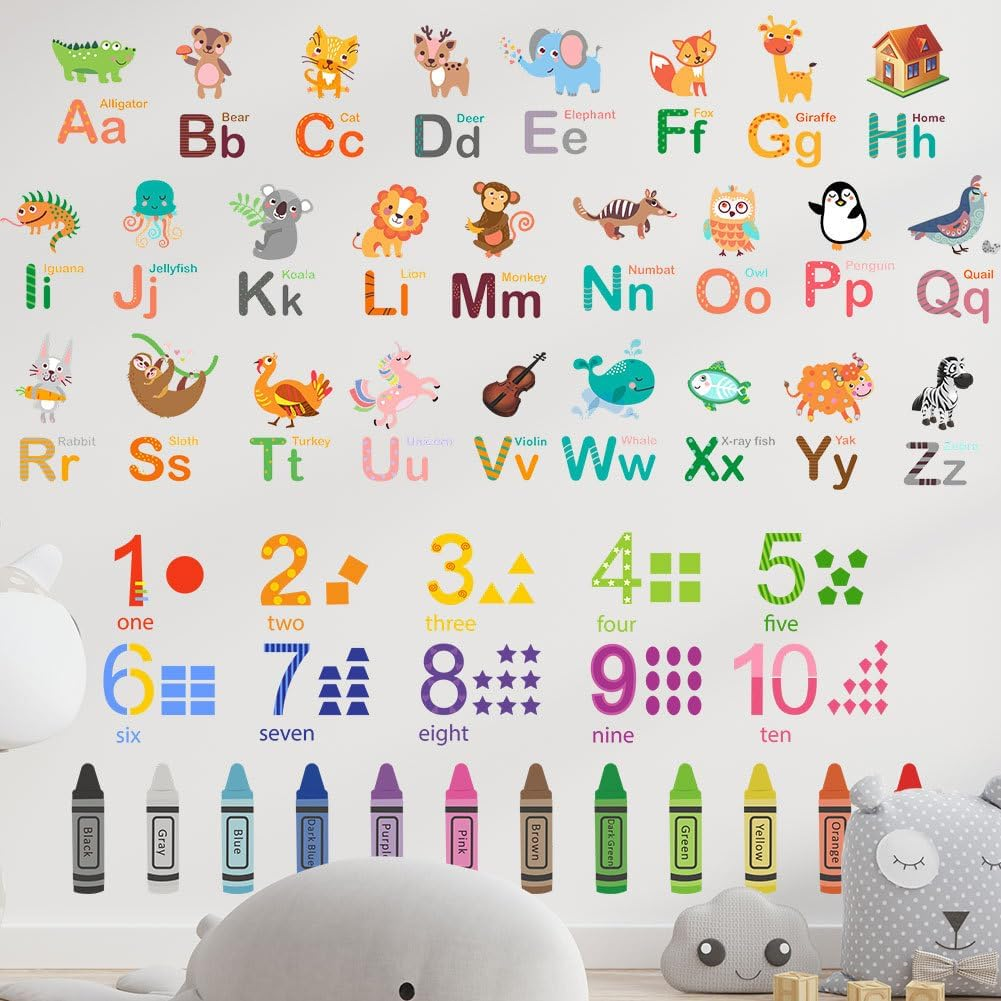 Alphabet Numbers Crayon Wall Stickers Decals Kids Peel and Stick Removable Room D&eacute;cor Letter ABC Classroom Playroom Decorations image number 3