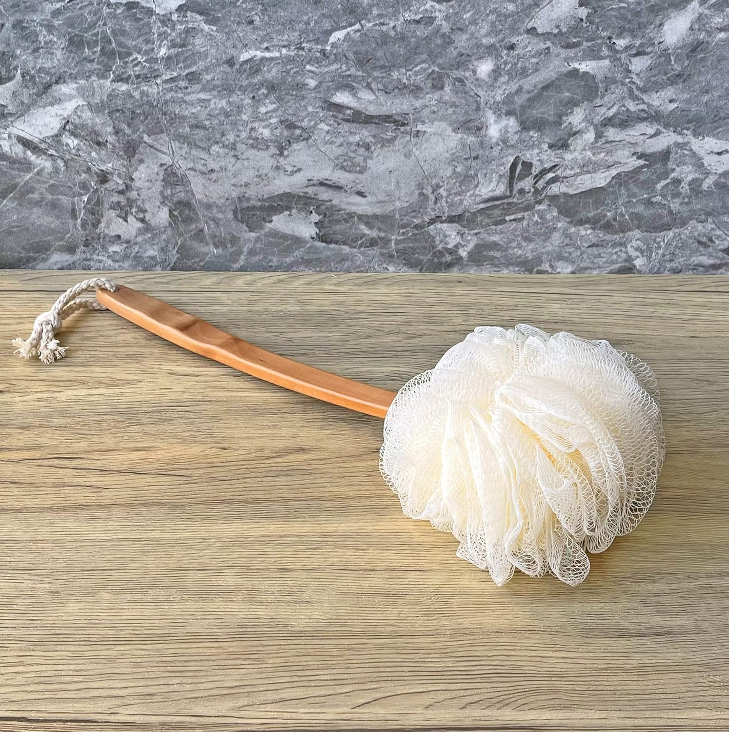 Shower Loofah Body & Back Scrubber - Exfoliating Loofah Bath Brush on a Stick - with Long Wooden Handle Back Brush for Men & Women - Easy Reach Body Wash & Lotion Applicator（White） image number 2