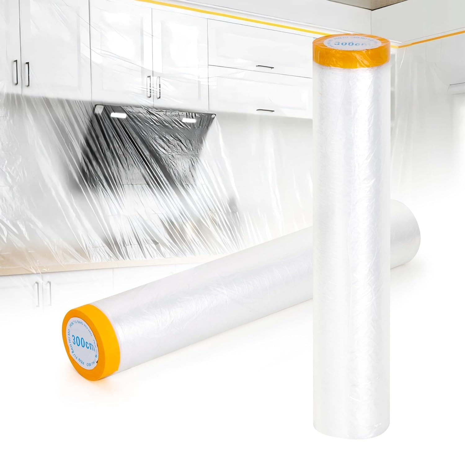 2 Pcs Pre-Taped Masking Film, 118 in X 65 Feet Rolls Painters Plastic with Tape and Drape, Paint Adhesive Protective Film Roll for Covering Skirting Frames and House Decoration Furniture image number 3