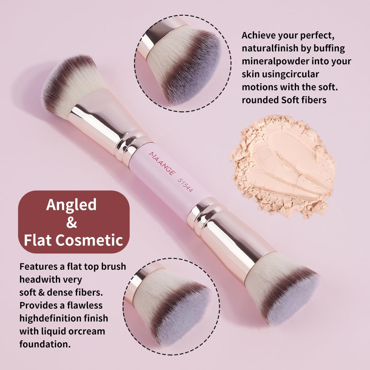 MAANGE Foundation Makeup Brushes, 2Pcs Premium Double-Ended Makeup Brush (Flat/Angled/Angled Round/Tapered Top) for Buffing Liquid, Cream, Powder, Blending Contour Face Brush(Pink/Gold) image number 4