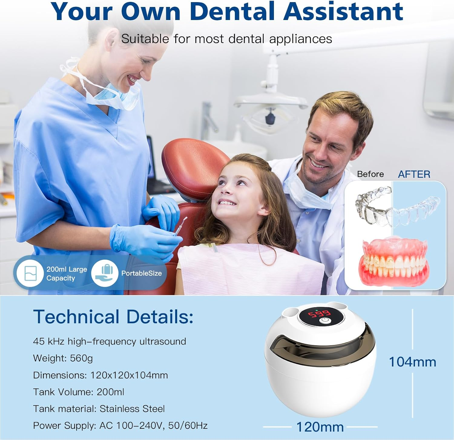 45Khz Ultrasonic Retainer Cleaner Machine, 200ML Ultrasonic Retainer Cleaner, 4 Modes with Digital Timer Mouth Guard Cleaner for Aligner, Night Guard, Braces, Toothbrush, Jewelry and More (White) image number 1