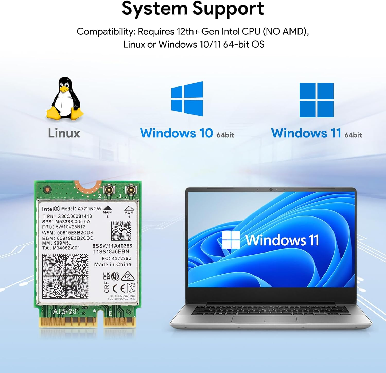 Intel AX211NGW Wi-Fi 6 Wireless Card M.2: Cnvio2, Bluetooth 5.3, Tri Band 2.4/5/6 Ghz Network Adapter for Laptop Support Windows 10/11 (64Bit) Linux Chrome OS Only Available with Gen Intel 12+ CPU image number 5