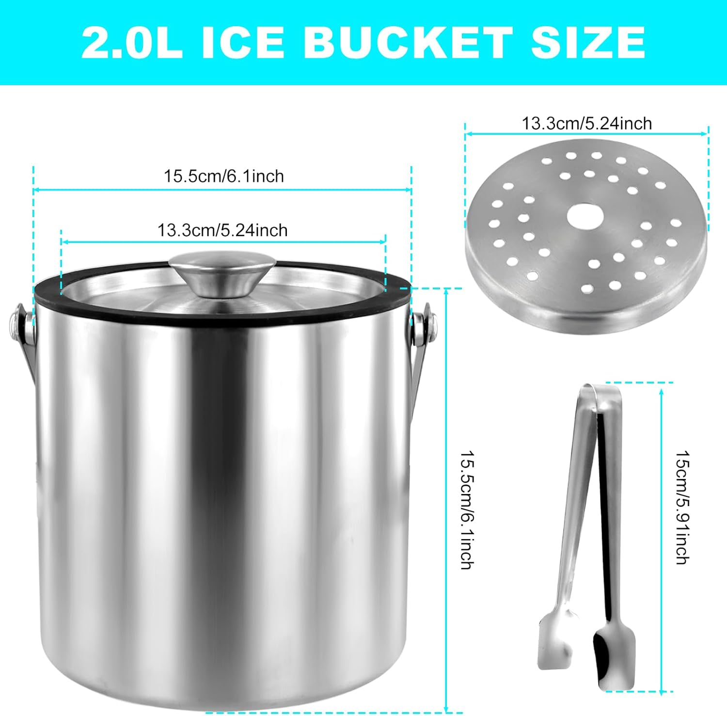 Ice Cube Bucket,Stainless Steel Ice Bucket,Bar Accessories Ice Bucket,Double Walled Stainless Steel Ice Bucket,Good Sealing Insulated Ice Bucket for Cocktail Bar Parties (2.0L) image number 4