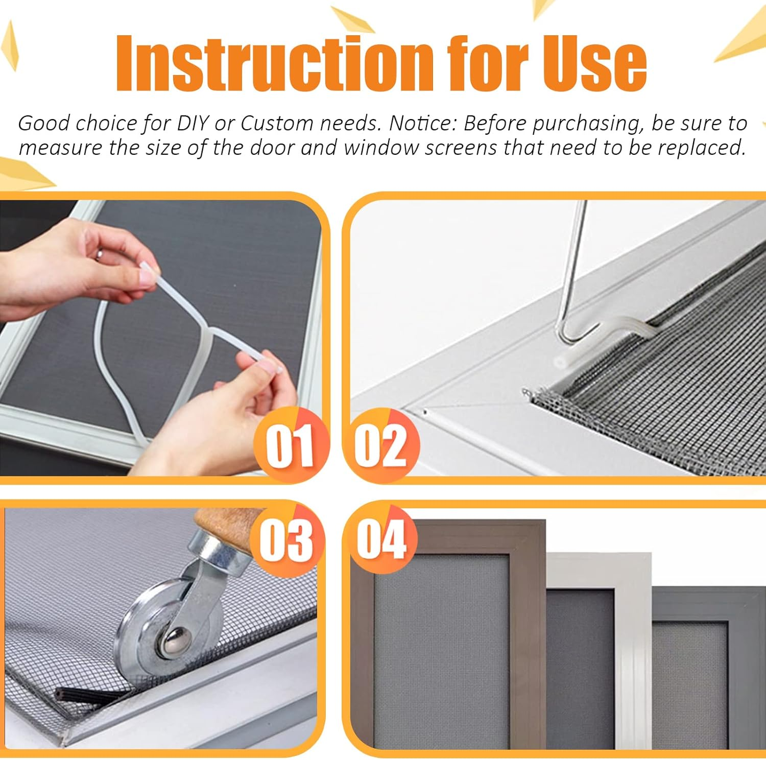 4Pcs Black Window Screen Door Repair Replacement Includes 120Cm X 250Cm Fiberglass Window Screen Mesh Spline Rolling Tool Screen Retainer Spline Remover Hook for Windows Flex Screen image number 4