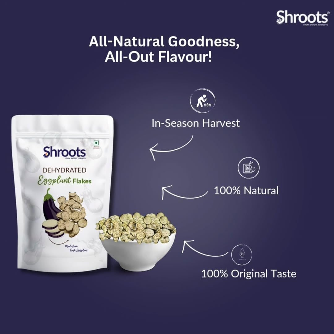 SHROOTS Dehydrated Eggplant Flakes Pure Vegetarian Gluten-Free No Added Salt Easy Cooking Machine Essential Dried Vegetable Boosted with Aroma Fiber Perfect for Fillings or Salads 0.71 Oz, Pack of 1 image number 1