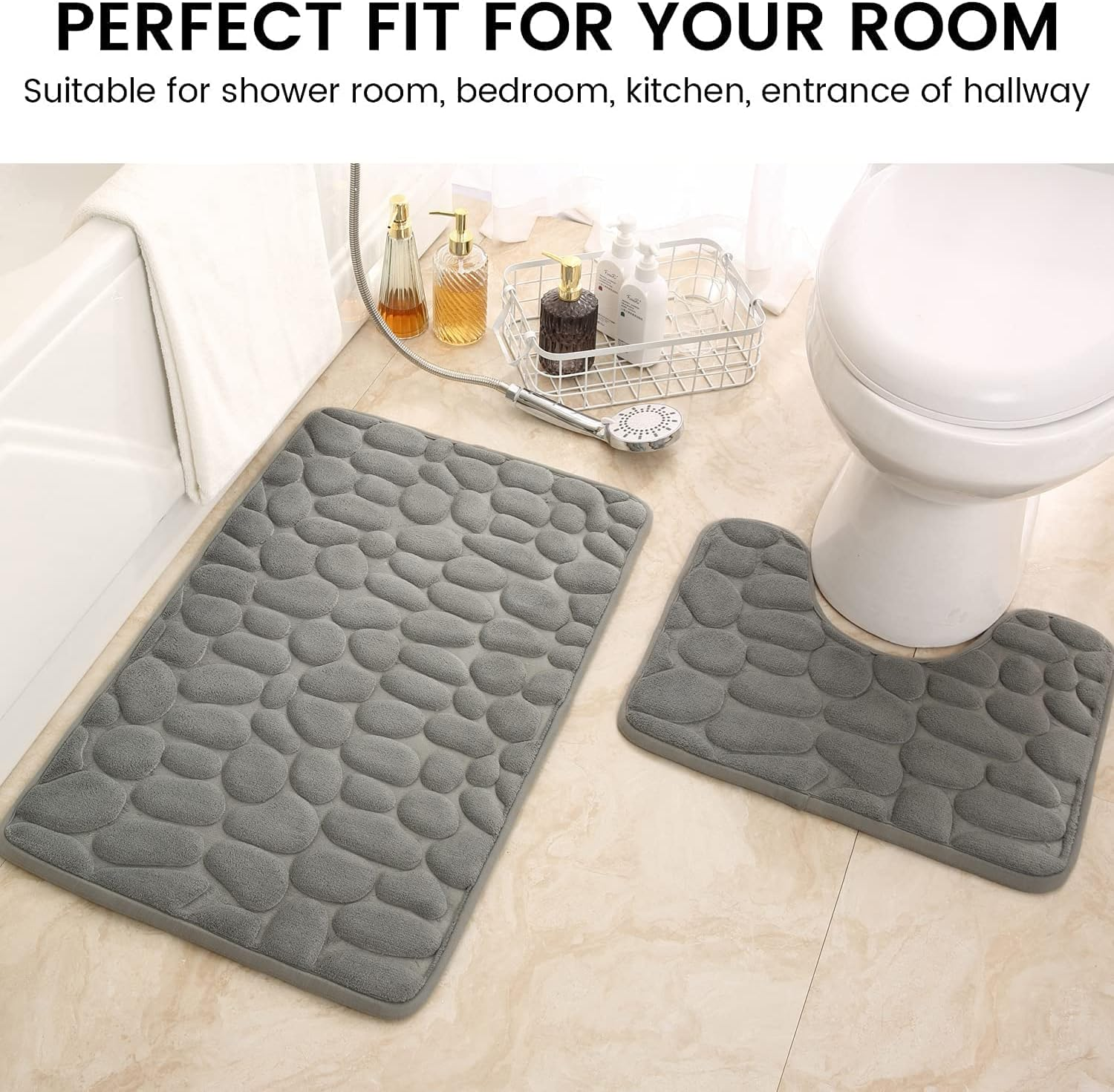 Bath Mat Set 2 Piece, Bathroom Rugs and U-Shaped Toilet Mats Set, Non-Slip, Absorbent, Quick Drying Memory Foam Bath Mat Set Machine Washable, Suitable for Tub, Shower and Bath Room image number 6