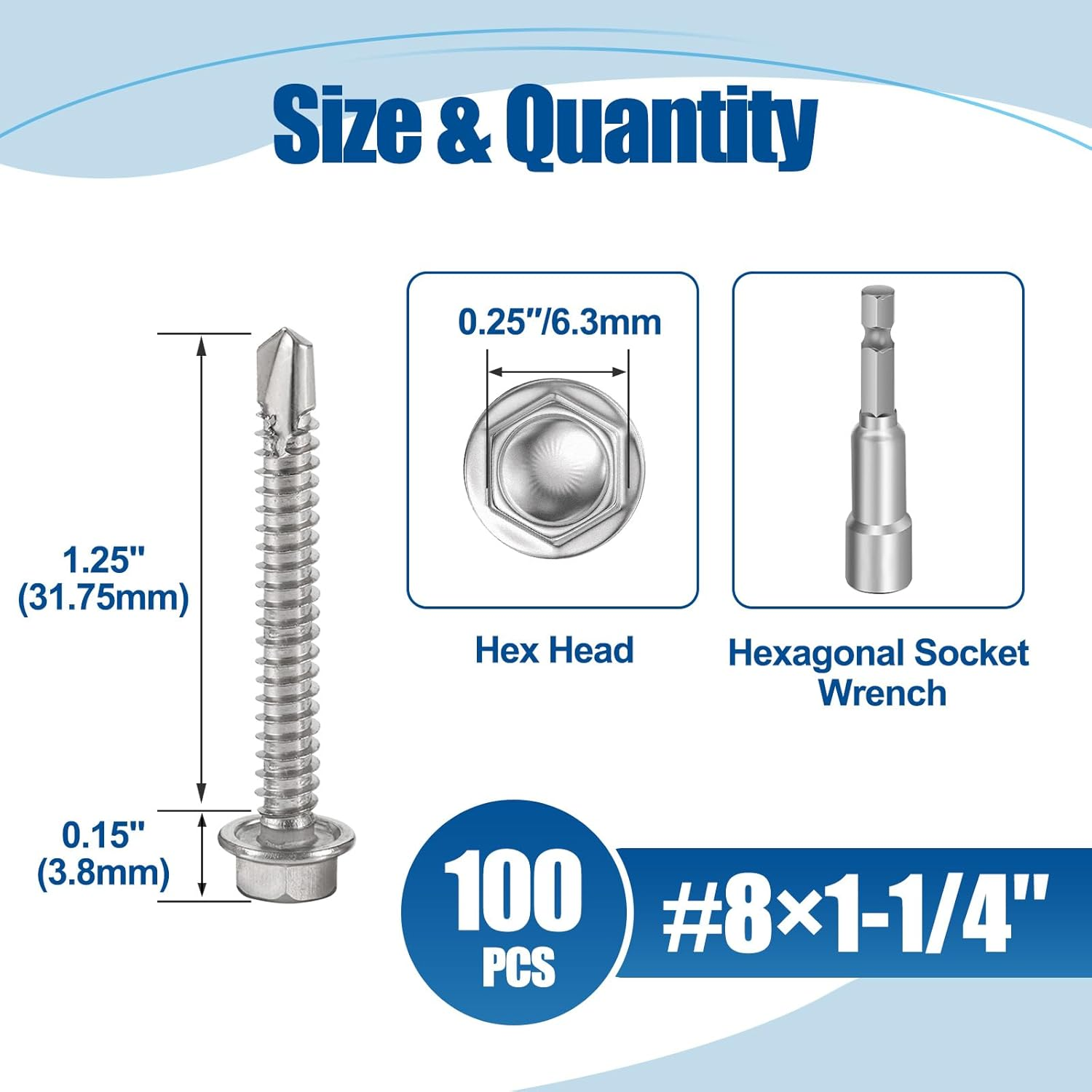 #8&times;1-1/4&Prime; (100Pcs) 410 Stainless Steel Self Drilling Screws, Hex Washer Head Fast Self Tapping Screws