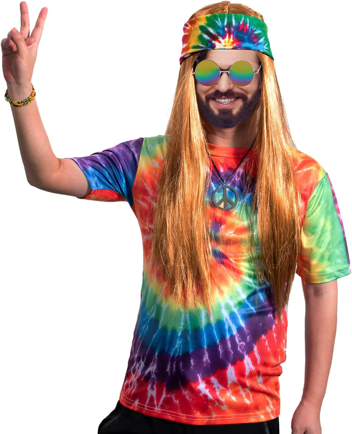 Hippie Costume for Men Momen 60S 70S Colorful T-Shirt 5 PCS Accessories Set for Theme Party image number 5