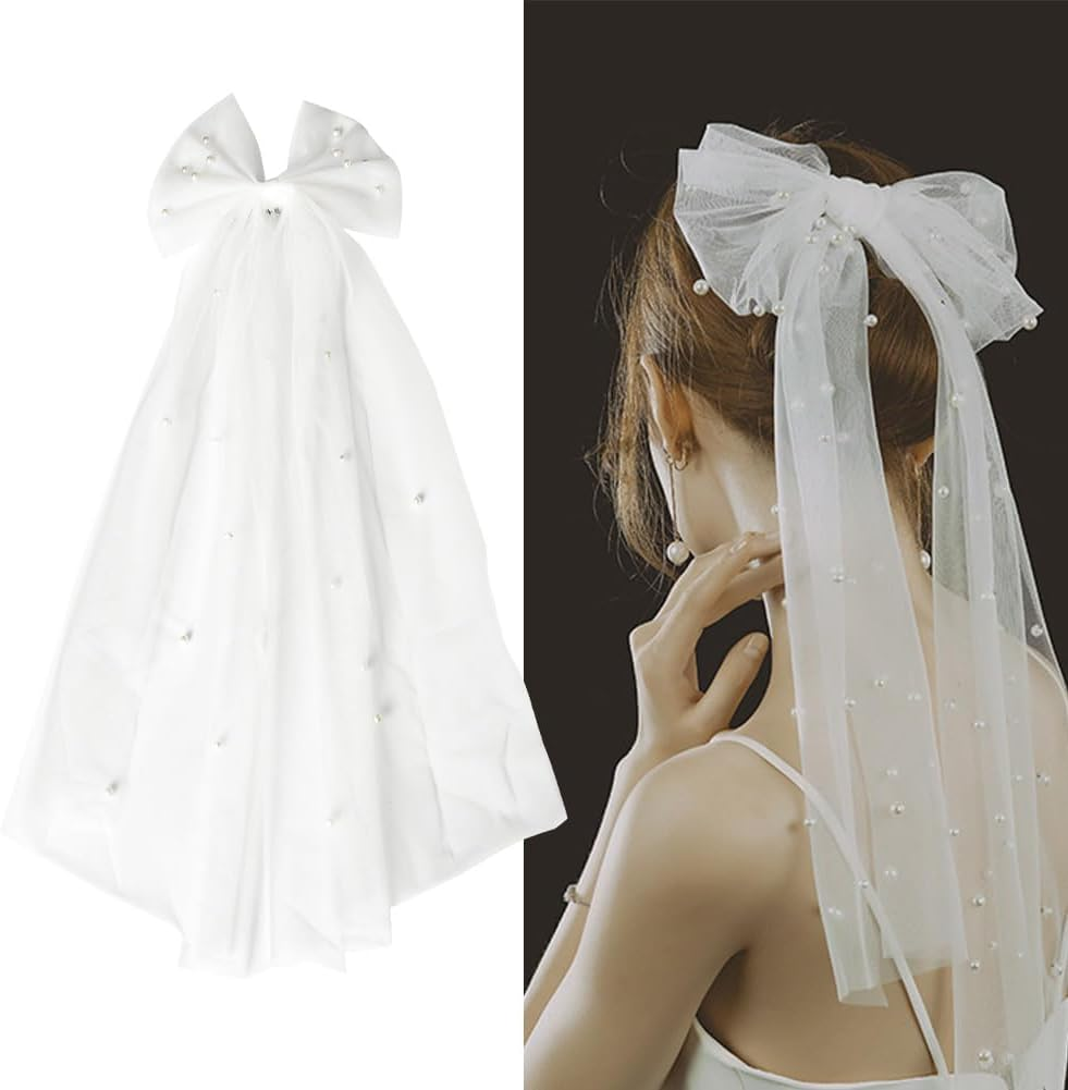 Hair Bow Veil Clip for Brides - White Bridal Veil with Pearls, Barrettes, Hair Clips - Wedding, Bridal Shower, Bachelorette Party Decorations - Bride Bridesmaid Hair Accessories image number 5