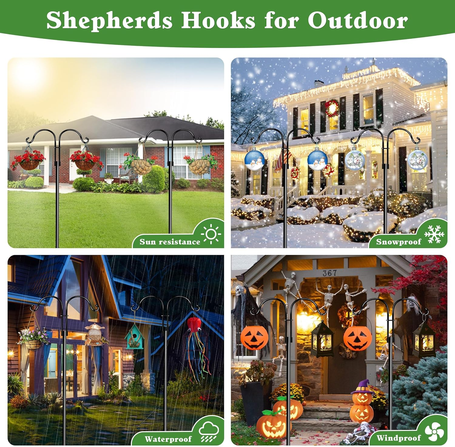 Double Shepherd Hooks for Outdoor, XICEN 79 Inch Heavy Duty Bird Feeder Pole for Hanging Bird Feeder, Garden Hooks Plant Baskets, Garden Plant Hanger Stands with 5 Prong Base (Black-2 Pack)