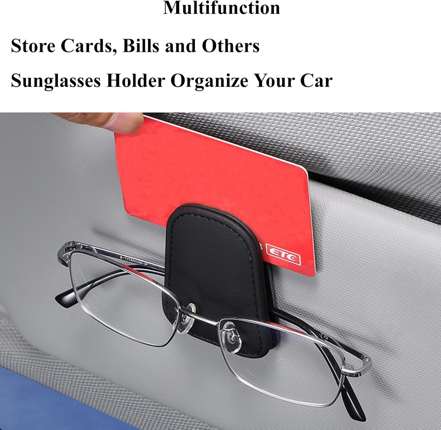 2PCS Sunglasses Holder for Car Visor, Magnetic Leather Sun Glasses Organizer, Ticket Card Cash Organizer, Auto Interior Accessories for Universal Car Sun Visor (Black) image number 6