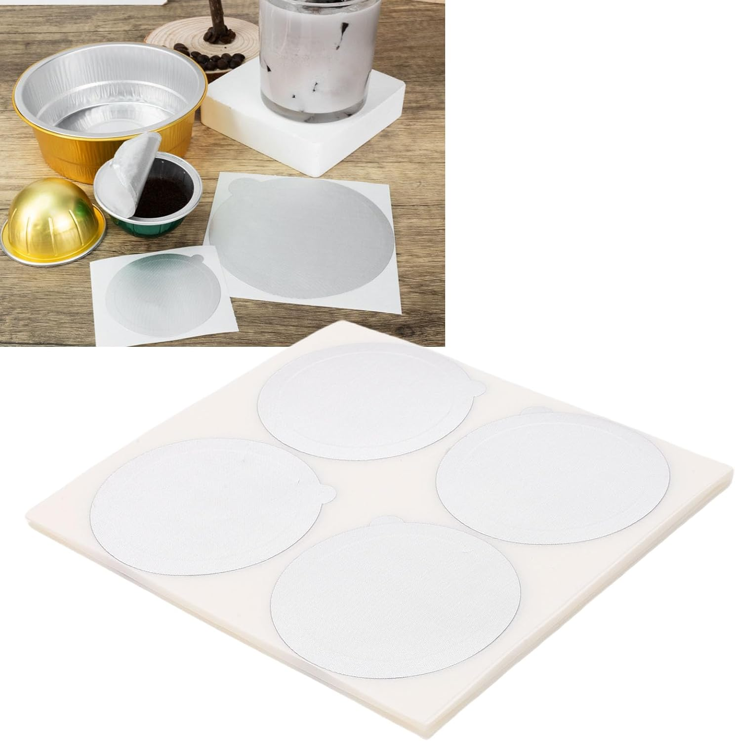 Generic 100Pcs Aluminum Foil Seals, Reusable Self Adhesive Coffee Pod Covers, Compatible with Nespre Original Line Machines for Reusable Refillable Espresso Capsules and Tea Cans (62MM) - 62Mm image number 5