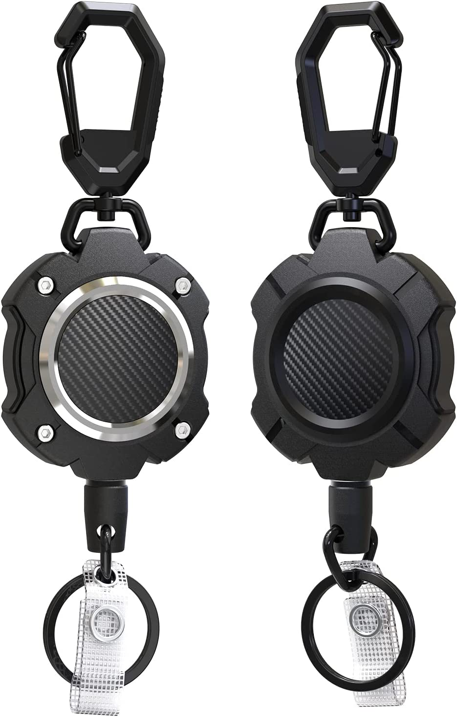 LIUGX 2 Pack Retractable Keychain, Heavy Duty Carabiner Key Chains, 10,000+ Rebound, Impact Resistance ID Badge Reels with 31.5&rdquo; Wire Rope and Key Ring, up to 8Oz, Aluminum Ring, Carbon Fiber-Texture