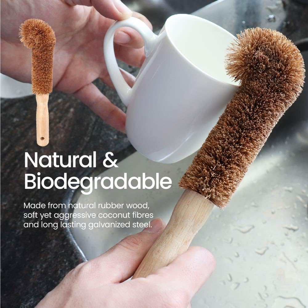 Eco Basics Natural plus Cup & Mug Brush &ndash; Ethically Handmade by Female Artisan, Natural Rubber Wood & Coconut Fibers, Plastic-Free, 24X6 Cm, Eco-Friendly Cleaning for Cups & Mugs image number 5