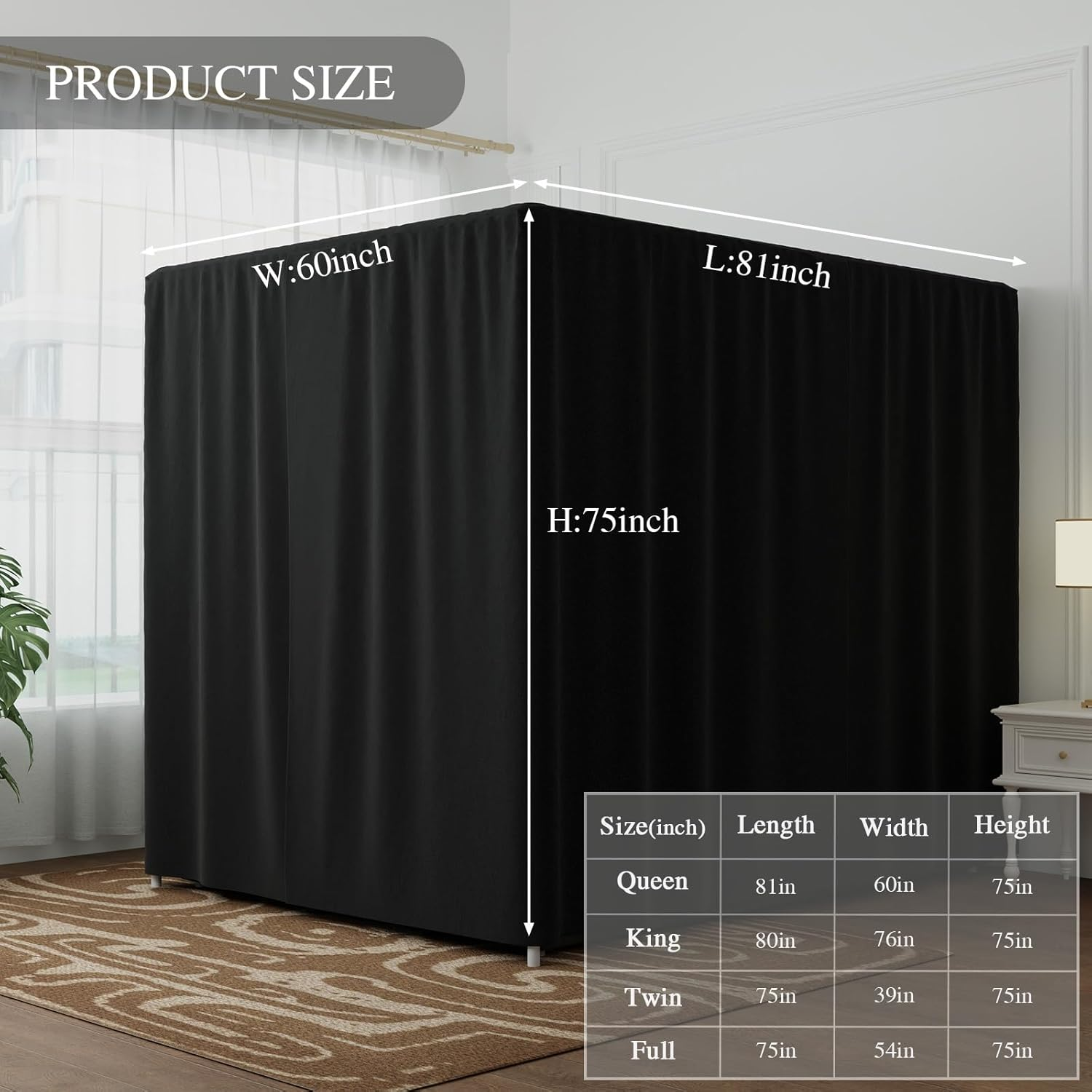 Black Canopy Bed Curtains - 4 Corner Post Bed Curtains Queen Lightproof Drapes Bed Canopy Curtains with Tie Backs for Adults & Girls Bedroom Decoration(Black,Queen) image number 3