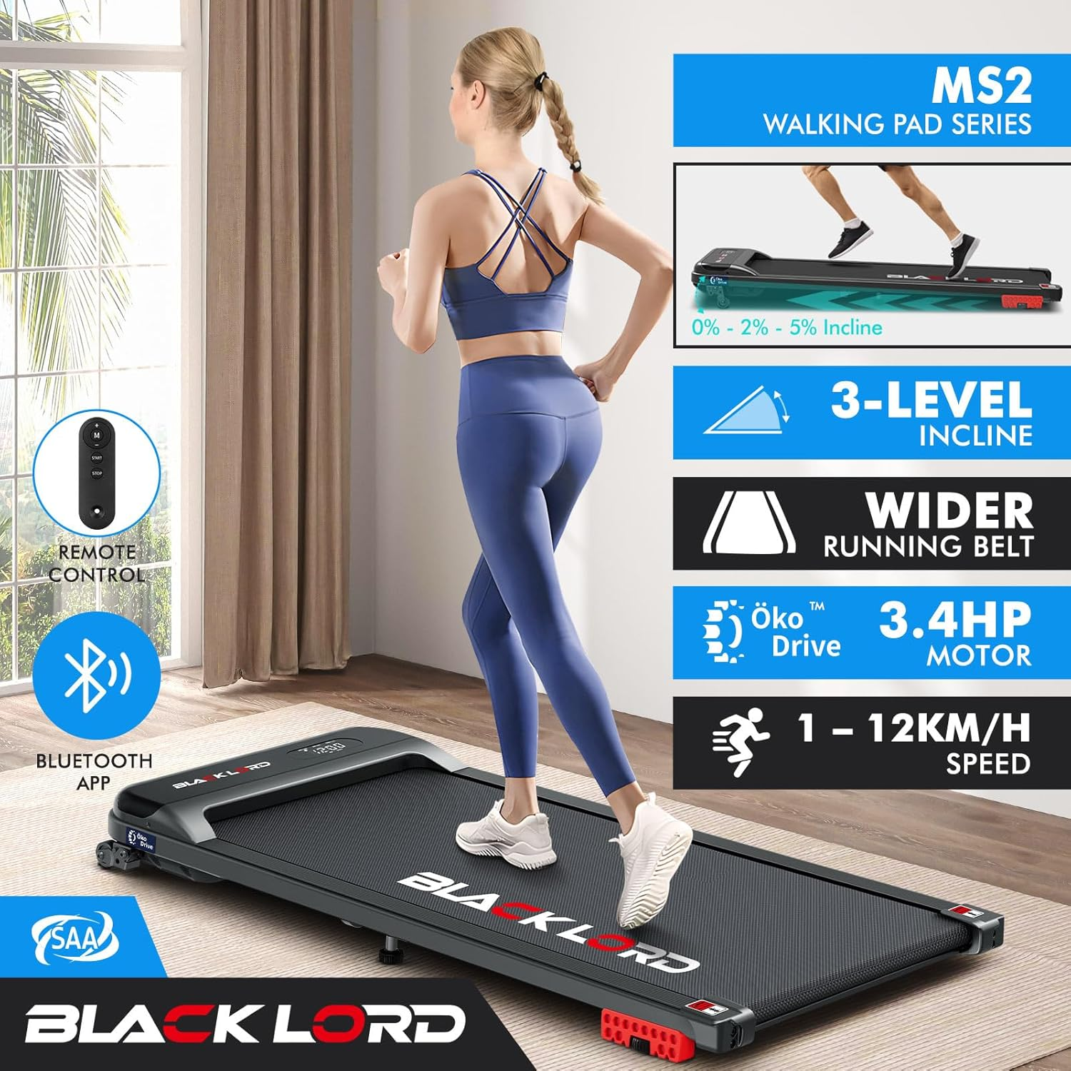 BLACK LORD under Desk Walking Pad Treadmill with 2-Level Incline, 400 Mm Belt Running Machine for Home Gym, Portable under Desk Treadmill Trainer with Remote Control, MS2 Series image number 2