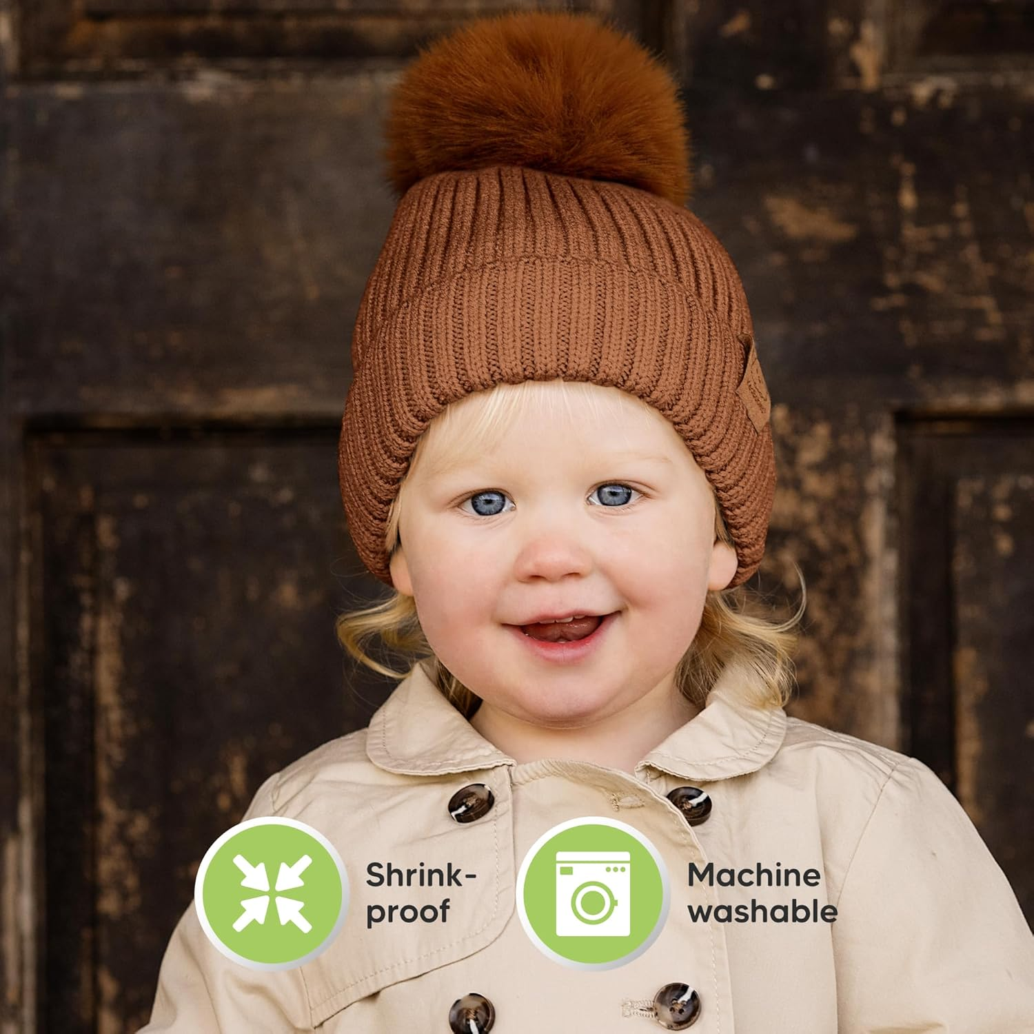 Keababies 2-Pack Baby Hats for Girls, Boys - Stretchy Baby Beanies, Cute Newborn & Toddler Winter Hat, Soft & Warm Pom Pom Beanie for Infant, Toddler, Boys, Girls 0-6 Months (Rust, S) image number 6