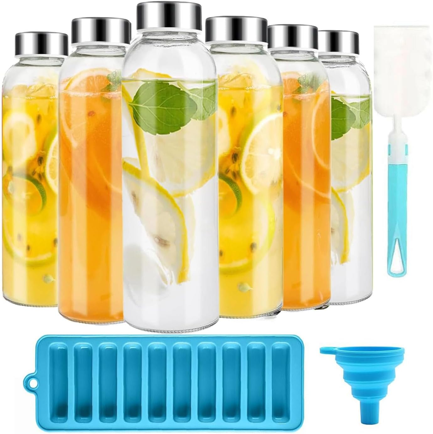 500Ml Glass Water Bottle Set of 6, Reusable Glass Juice Containers with Ice Cube Mold Funnel for Home, Office, Gym & Outdoors, Beverage Storage Containers for Refrigerator-Bpa Free, 100% Leak Proof image number 3