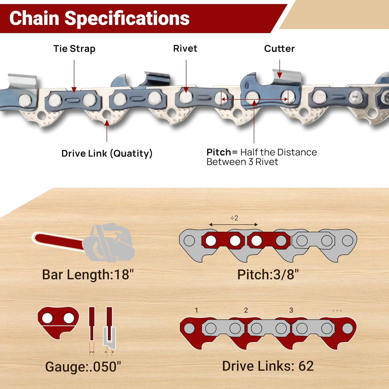 3-Pack 18 Inch Chainsaw Chain 62 Drive Links, 3/8" Pitch, 0.050" Gauge, Fit for Craftsman, Remington, Greenworks, Earthwise, Echo, Husqvarna Chainsaws and More - S62