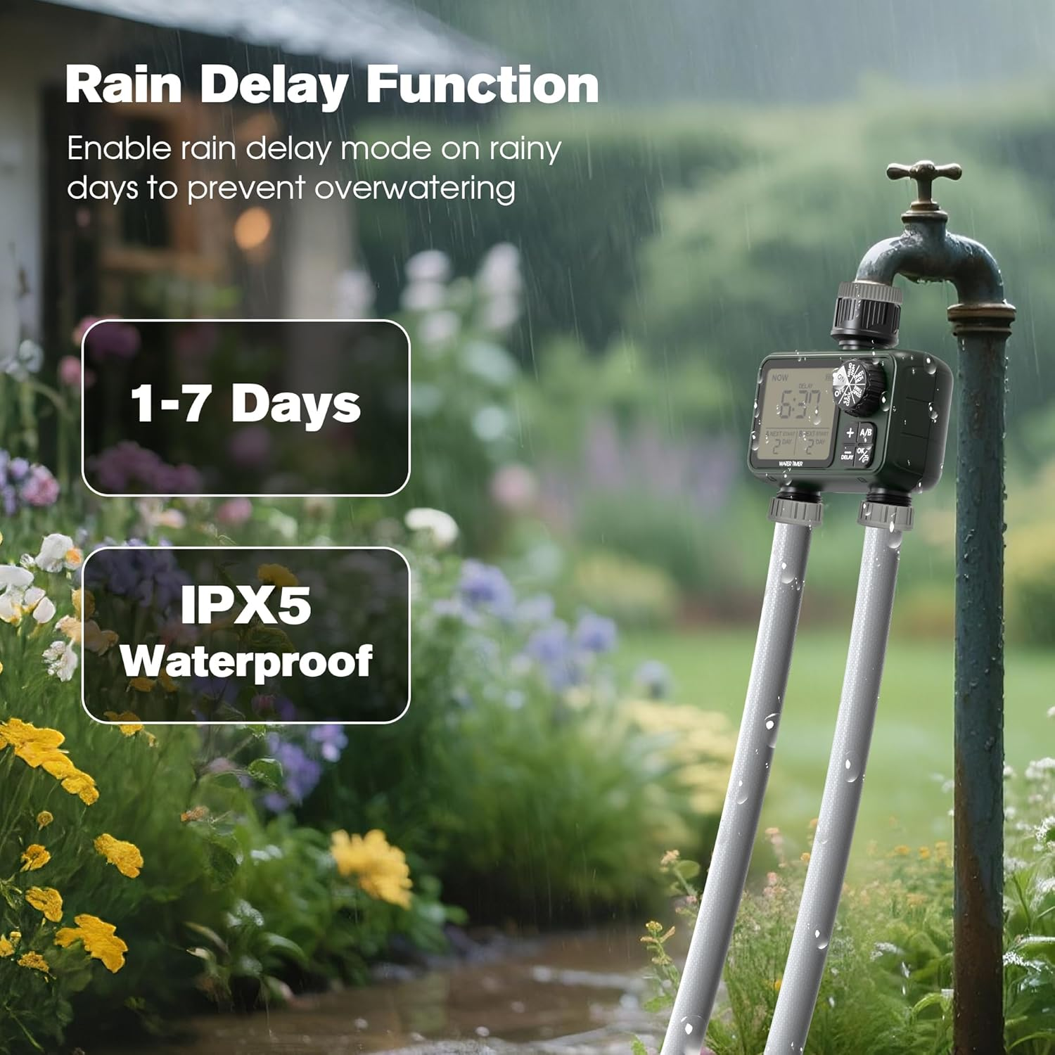 Advwin Water Timer, Smart Sprinkler Timer 2 Outlets, Rain Delay/Manual/Automatic Watering Modes, Digital Irrigation Controller for Garden Hose Faucet Yard Lawn image number 1